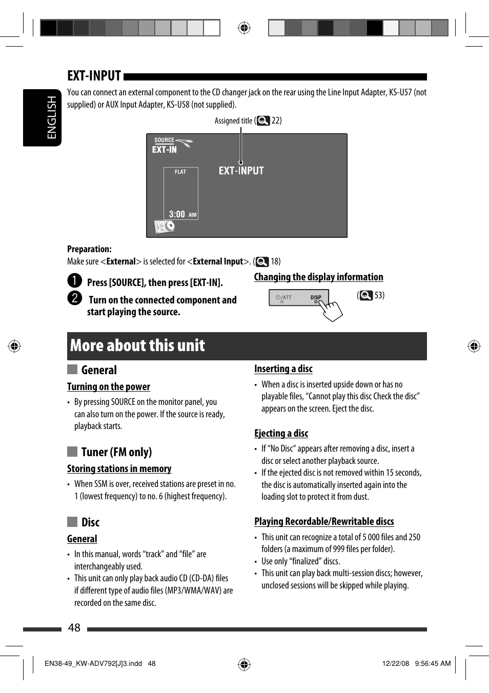 More about this unit, Ext-input, General | Tuner (fm only), Disc | JVC GET0602-001A User Manual | Page 48 / 362