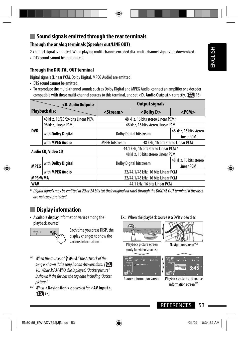 Sound signals emitted through the rear terminals, Display information, 53 references english | Through the digital out terminal | JVC GET0602-001A User Manual | Page 53 / 362