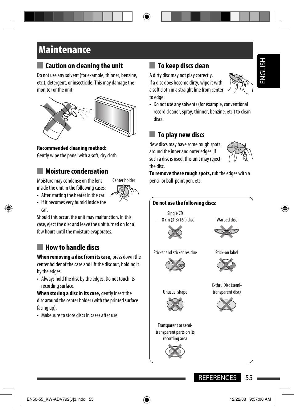 Maintenance, Caution on cleaning the unit, Moisture condensation | How to handle discs, 55 references english | JVC GET0602-001A User Manual | Page 55 / 362