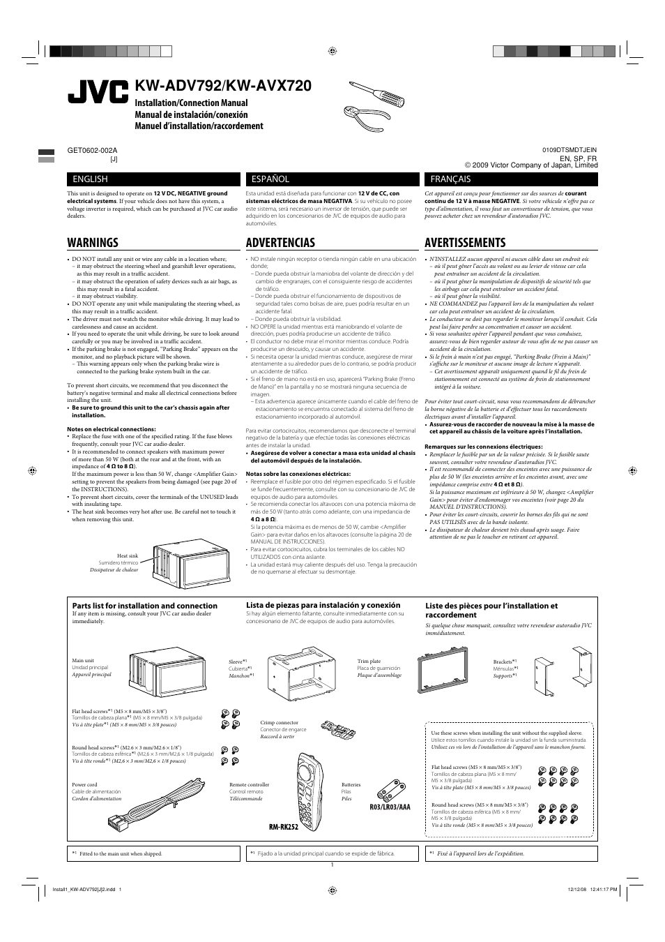 Installation/connection manual, Warnings, Parts list for installation and connection | Avertissements, Advertencias, English, Français, Español, Lista de piezas para instalación y conexión | JVC GET0602-001A User Manual | Page 65 / 362