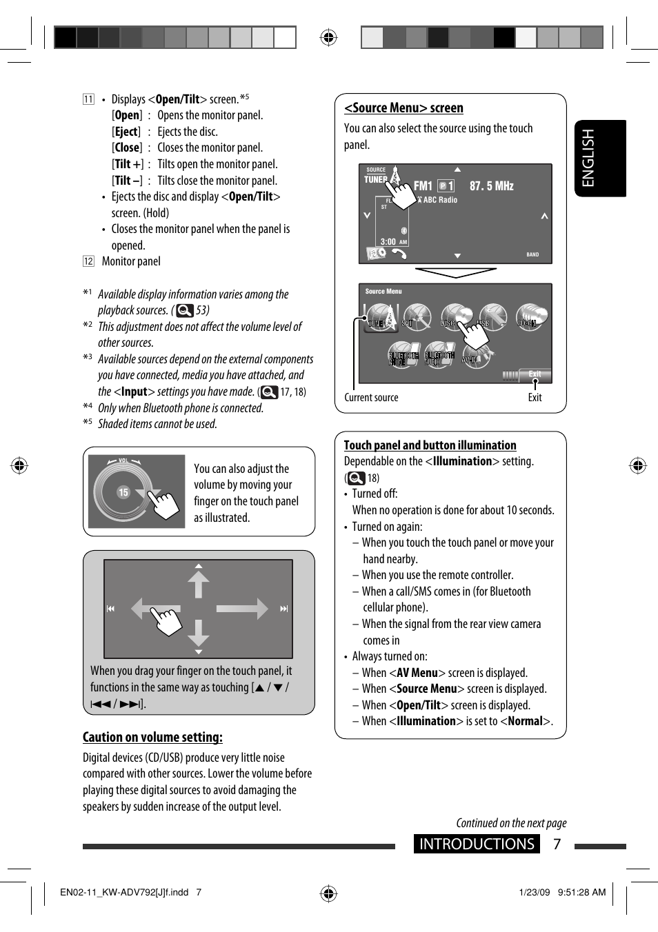 7introductions english, Caution on volume setting, Source menu> screen | JVC GET0602-001A User Manual | Page 7 / 362