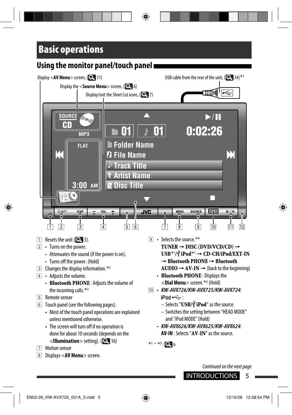 Basic operations, Using the monitor panel/touch panel, 5introductions | JVC GET0602-001A User Manual | Page 75 / 362