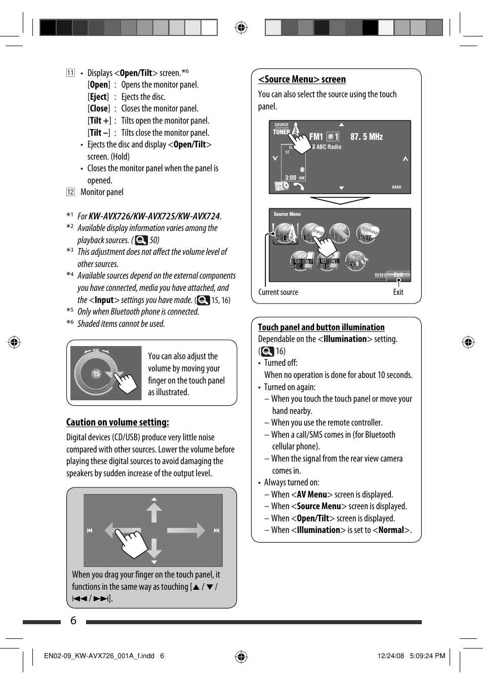 Caution on volume setting, Source menu> screen | JVC GET0602-001A User Manual | Page 76 / 362