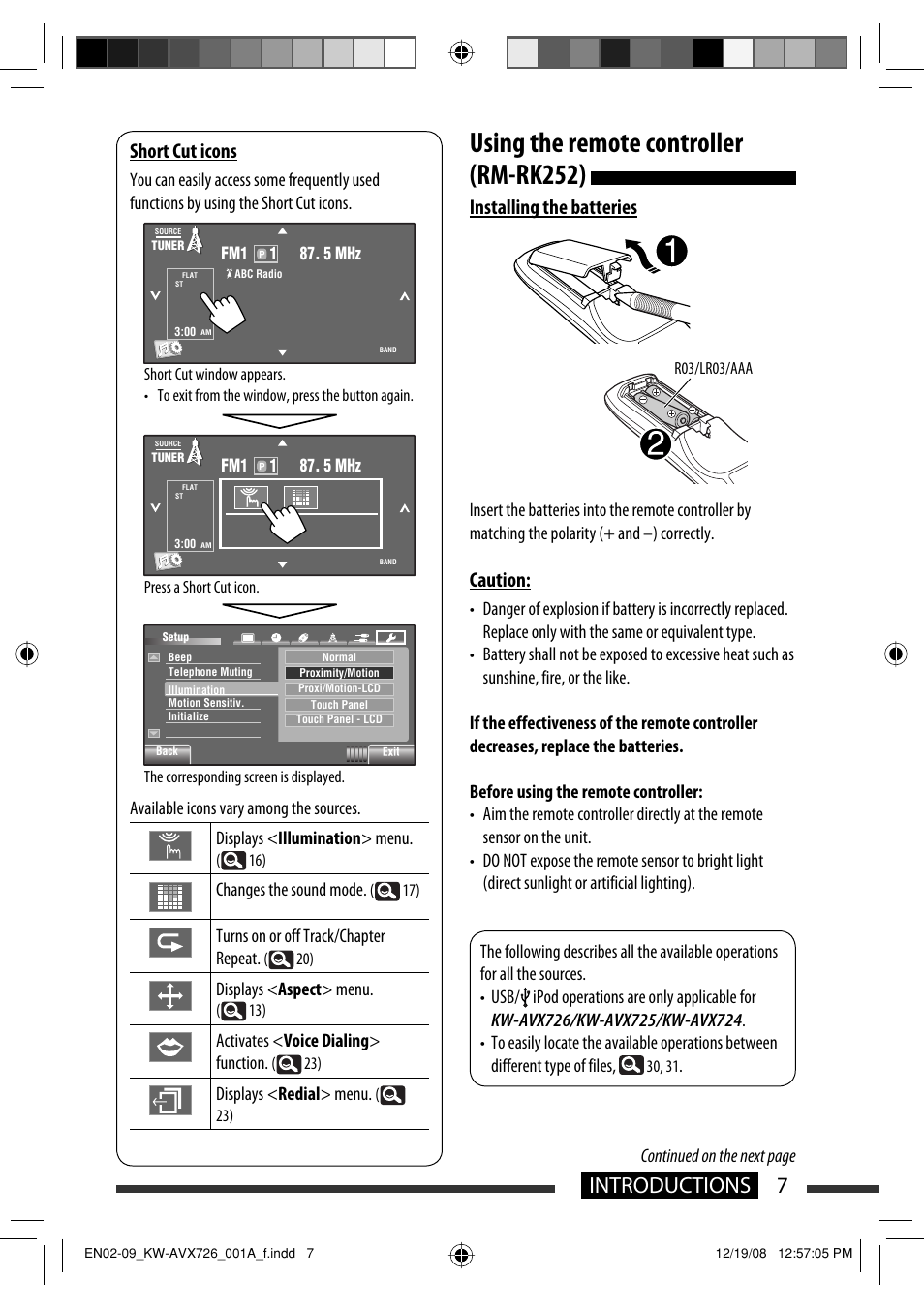 Using the remote controller (rm-rk252), 7introductions, Short cut icons | Installing the batteries, Caution | JVC GET0602-001A User Manual | Page 77 / 362