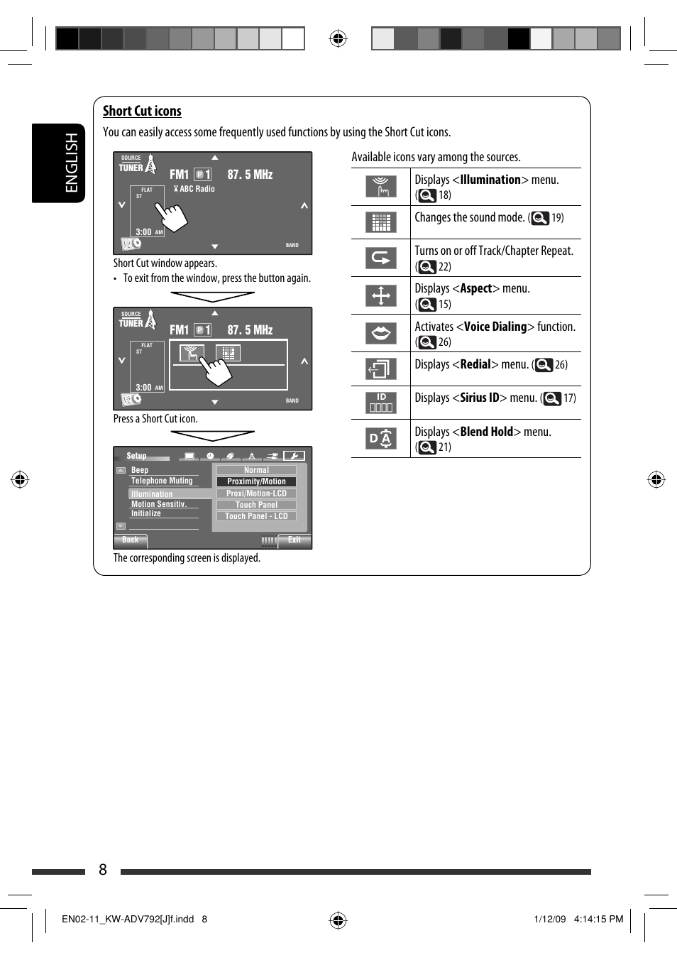 8english, Short cut icons, Changes the sound mode | Turns on or off track/chapter repeat, Displays < aspect > menu, Activates < voice dialing > function, Displays < redial > menu, Displays < sirius id > menu, Displays < blend hold > menu | JVC GET0602-001A User Manual | Page 8 / 362