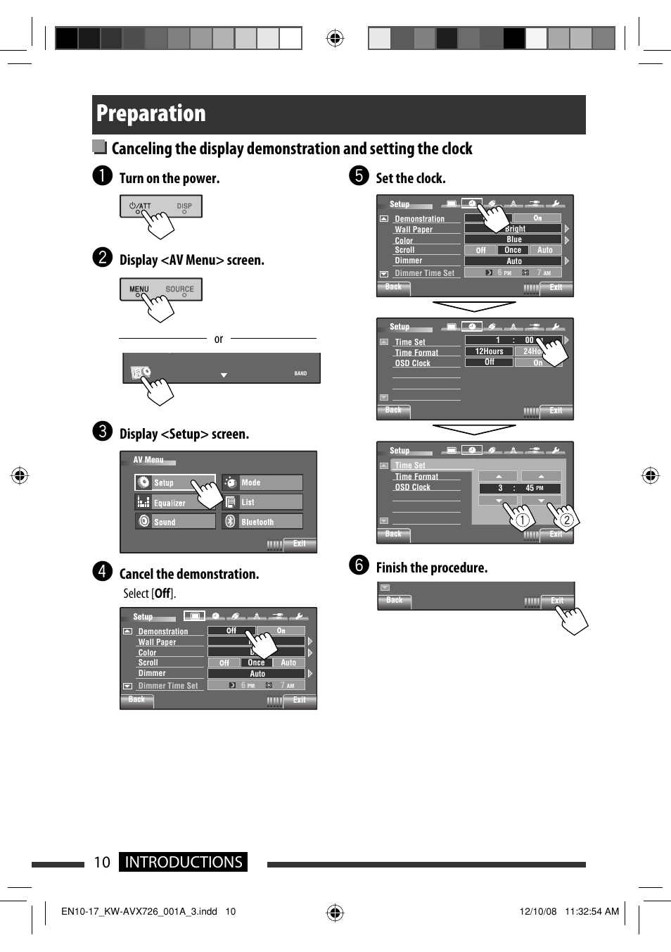 Preparation, 10 introductions, Set the clock | Finish the procedure, Turn on the power, Display <av menu> screen, Display <setup> screen, Cancel the demonstration, Select [ off | JVC GET0602-001A User Manual | Page 80 / 362