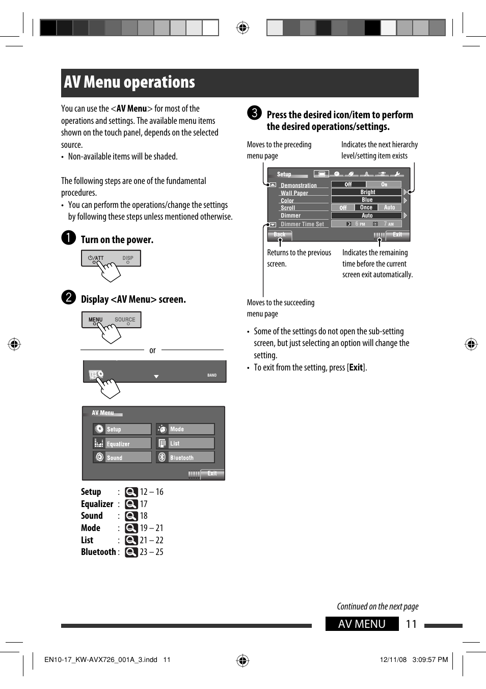 Av menu operations, 11 av menu, Turn on the power | Display <av menu> screen | JVC GET0602-001A User Manual | Page 81 / 362