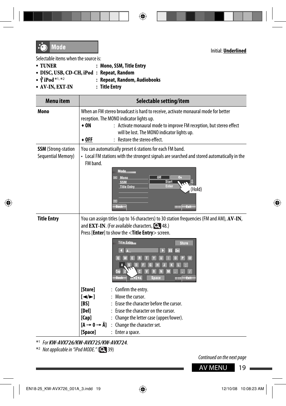 19 av menu, Menu item selectable setting/item | JVC GET0602-001A User Manual | Page 89 / 362