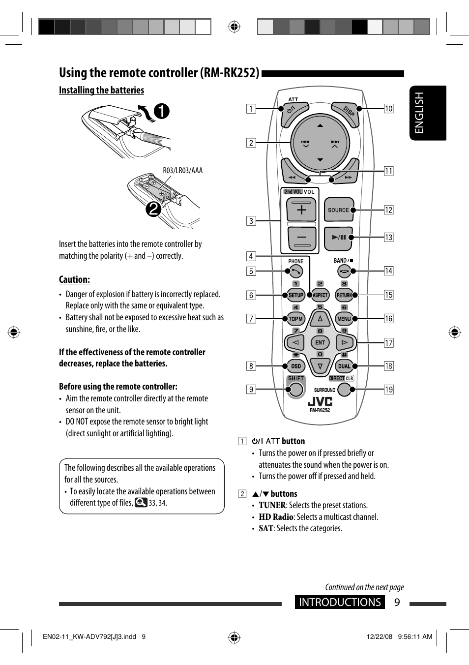 Using the remote controller (rm-rk252), 9introductions english | JVC GET0602-001A User Manual | Page 9 / 362