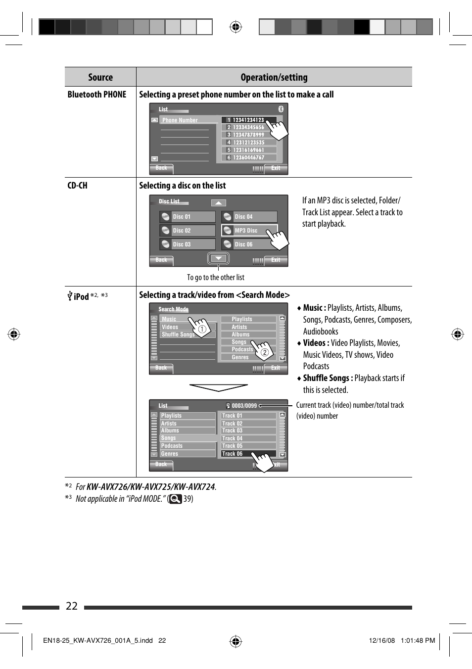 Source operation/setting, Selecting a track/video from <search mode, Not applicable in “ipod mode.” ( 39) | JVC GET0602-001A User Manual | Page 92 / 362