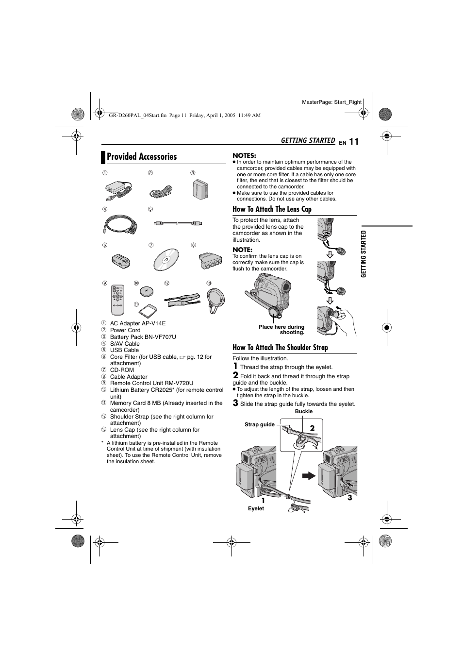 Provided accessories, How to attach the lens cap, How to attach the shoulder strap | Pg. 11) | JVC GR-D260 User Manual | Page 11 / 56