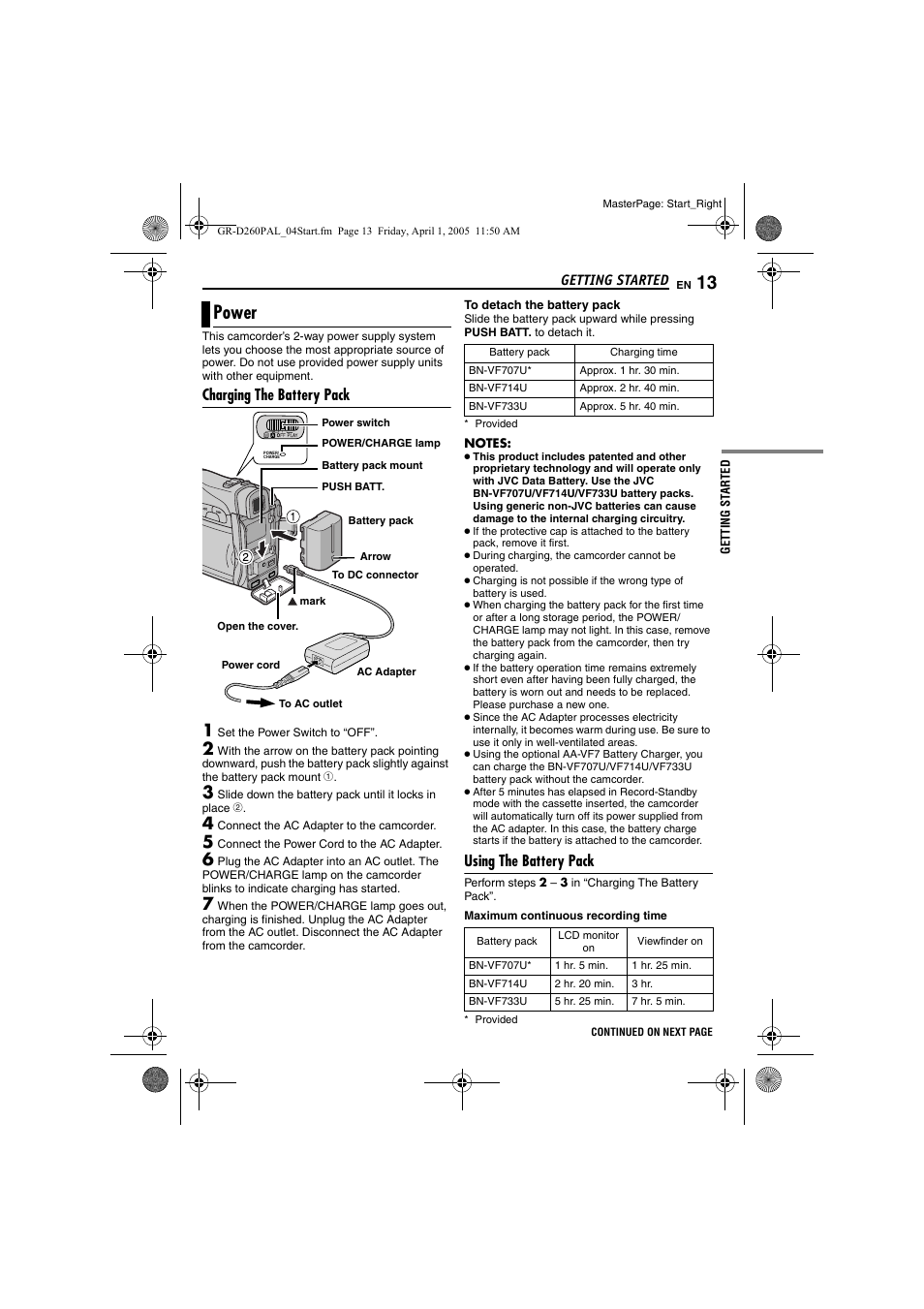 Power, Charging the battery pack, Using the battery pack | Pg. 13), Pg. 13 | JVC GR-D260 User Manual | Page 13 / 56