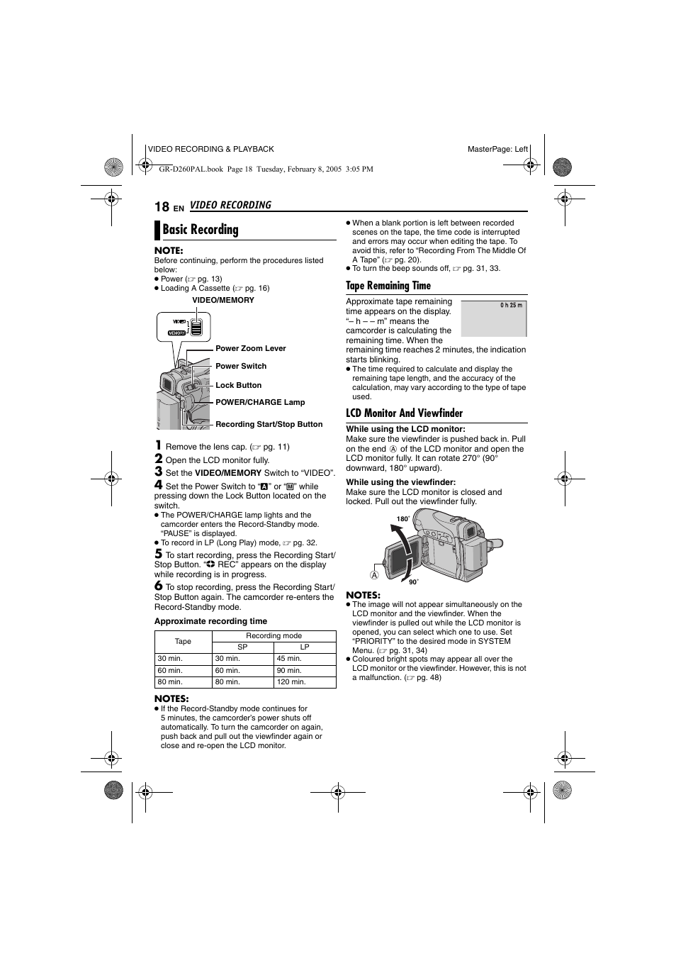 Video recording, Basic recording, Tape remaining time | Lcd monitor and viewfinder, Video recording & playback, 18 lcd monitor and viewfinder, Pg. 18), Pg. 18, 1 | JVC GR-D260 User Manual | Page 18 / 56