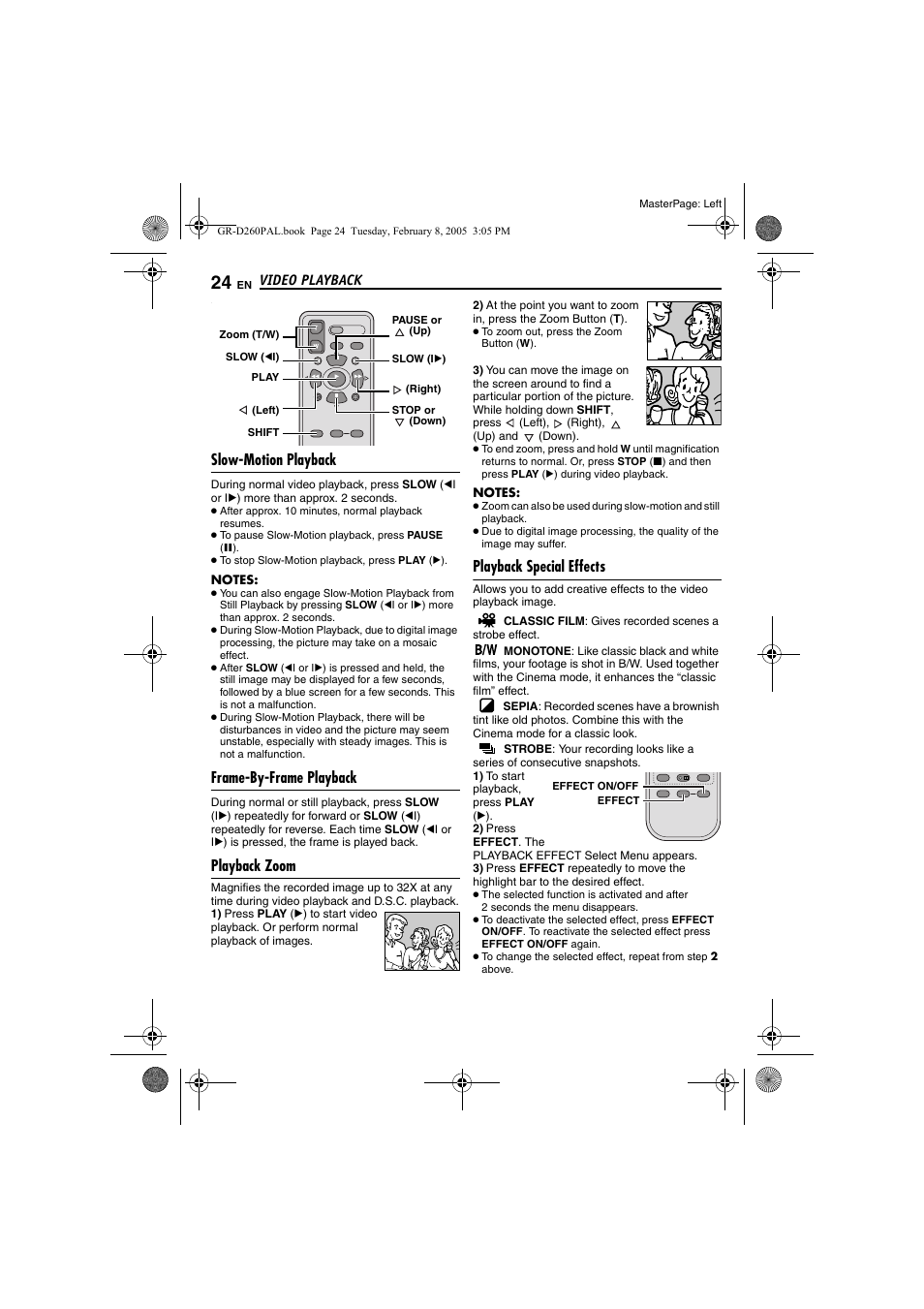 Slow-motion playback, Frame-by-frame playback, Playback zoom | Playback special effects, Pg. 24), N (੬ pg. 24) | JVC GR-D260 User Manual | Page 24 / 56