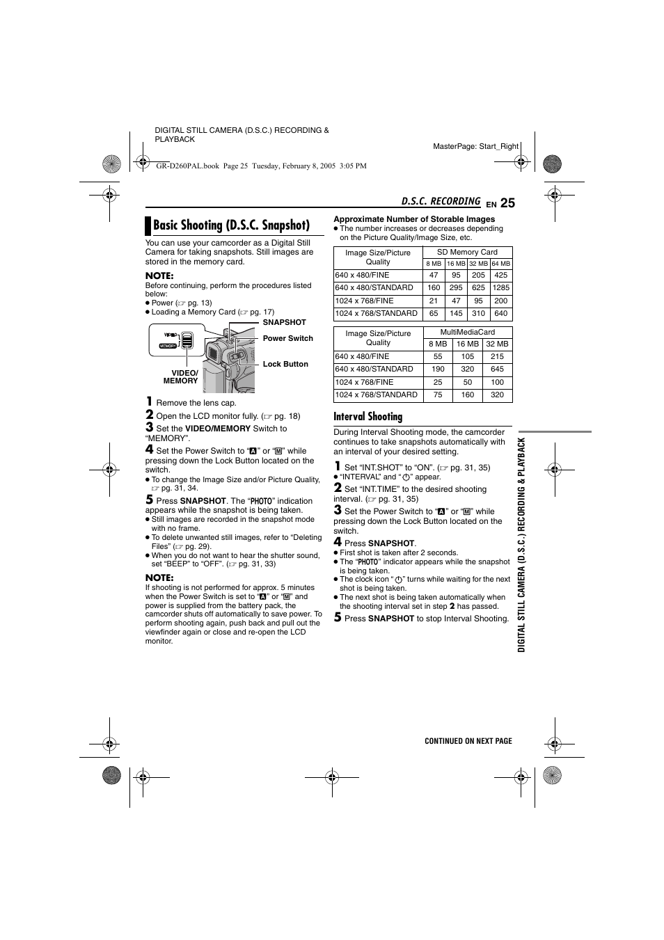 D.s.c. recording, Basic shooting (d.s.c. snapshot), Interval shooting | Digital still camera (d.s.c.) recording & playback, Pg. 25, 3, Pg. 25) | JVC GR-D260 User Manual | Page 25 / 56