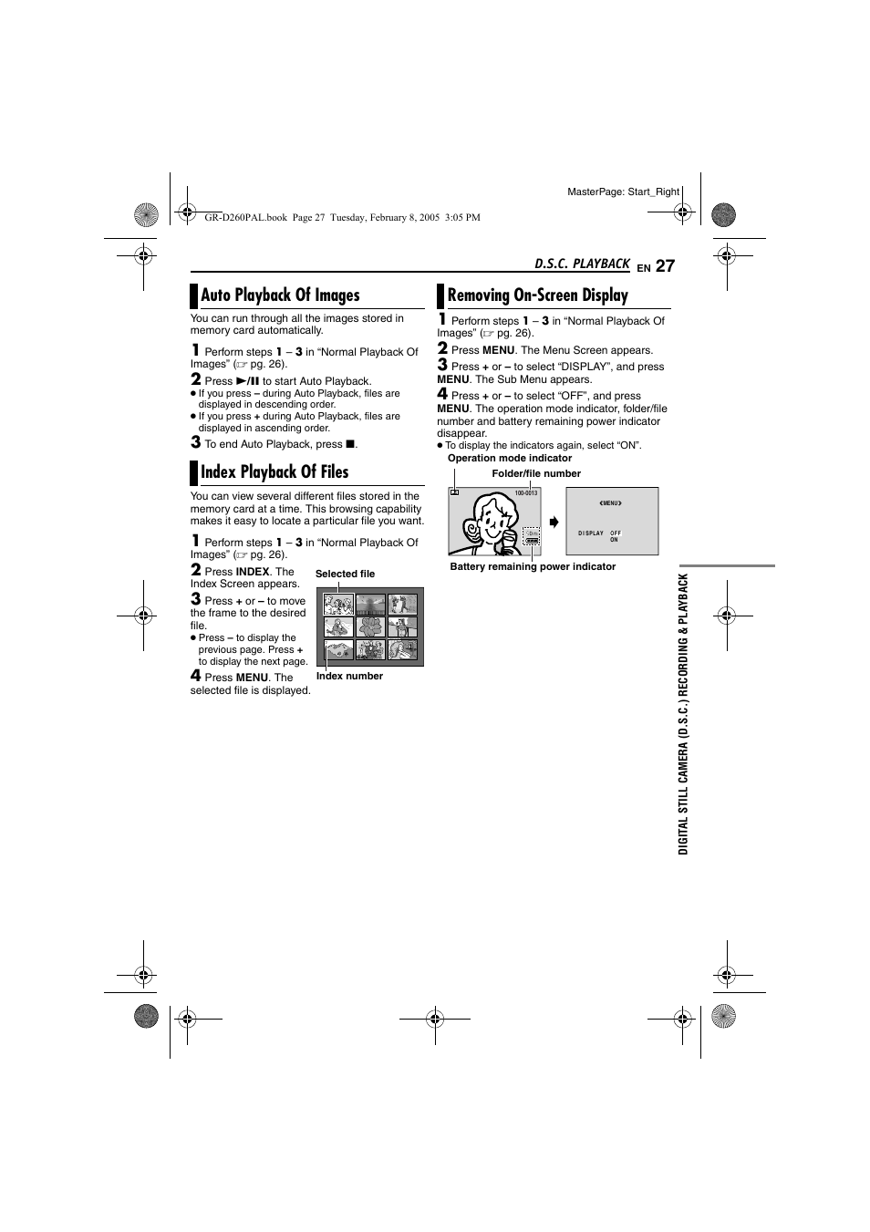 Auto playback of images, Index playback of files, Removing on-screen display | 27 index playback of files, 27 removing on-screen display, Ndex, Pg. 27), K (੬ pg. 27), Auto playback of images index playback of files, D.s.c. playback | JVC GR-D260 User Manual | Page 27 / 56