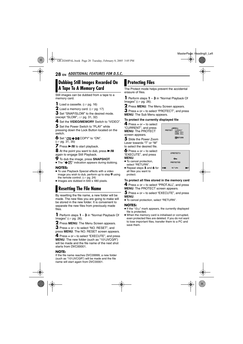 Additional features for d.s.c, Resetting the file name, Protecting files | Dubbing still images recorded on a tape to a, Memory card, 28 protecting files, Pg. 28) | JVC GR-D260 User Manual | Page 28 / 56