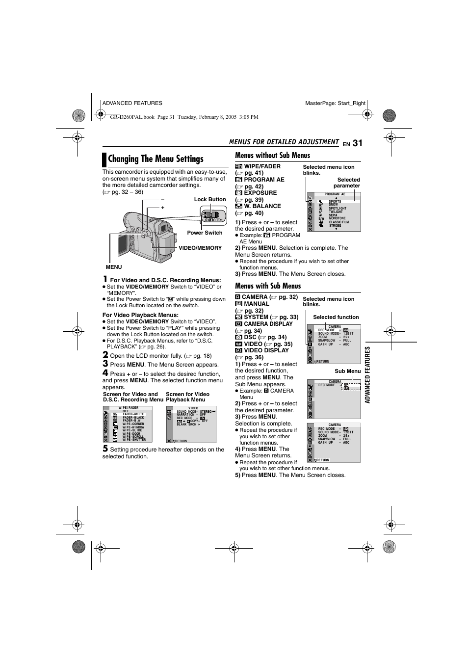 Menus for detailed adjustment, Changing the menu settings, Menus without sub menus | Menus with sub menus, Pg. 31, Advanced features, Pg. 31), Pg. 31, 36), Pg. 31, 32, For video and d.s.c. recording menus | JVC GR-D260 User Manual | Page 31 / 56
