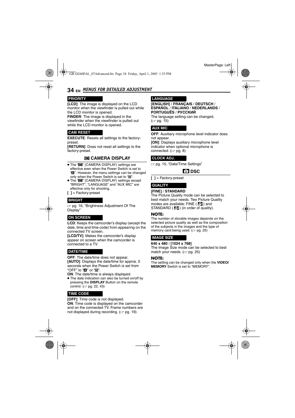 Pg. 34, Pg. 34, “aux mic” ), Pg. 34) | Time, Is set to “on | JVC GR-D260 User Manual | Page 34 / 56