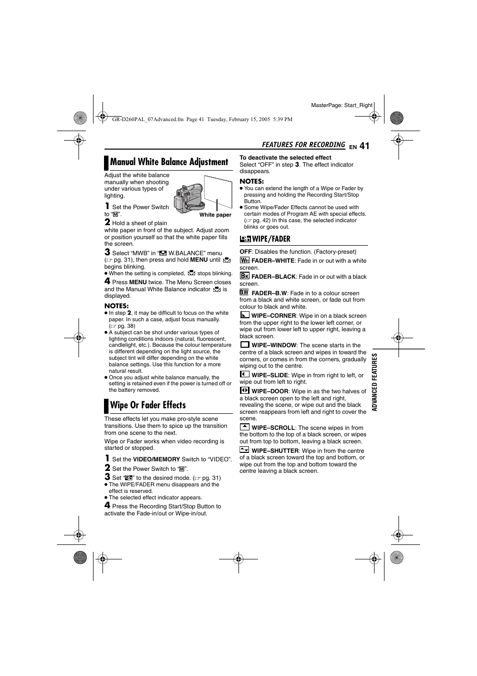 Manual white balance adjustment, Wipe or fader effects, Wipe/fader | Pg. 41), 41 wipe or fader effects, Manual white balance adjustment”) | JVC GR-D260 User Manual | Page 41 / 56