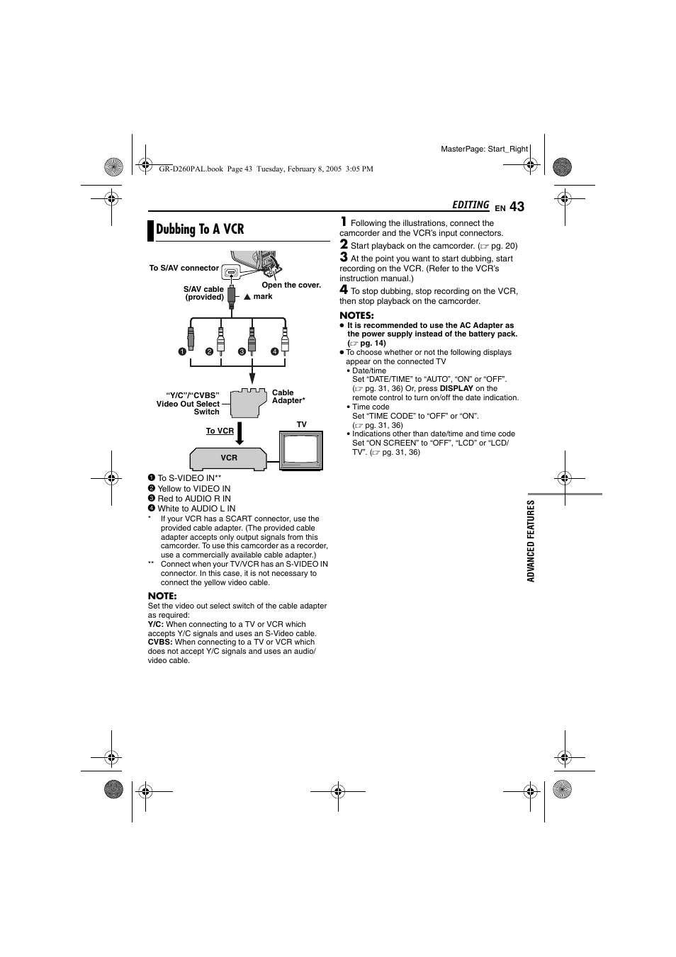 Editing, Dubbing to a vcr, Pg. 43, 4 | JVC GR-D260 User Manual | Page 43 / 56