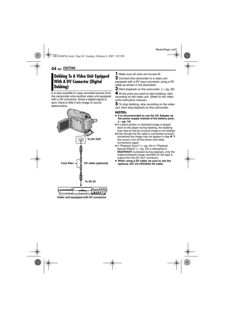 Dubbing to a video unit equipped with a dv, Connector (digital dubbing), Pg. 44, 4 | JVC GR-D260 User Manual | Page 44 / 56