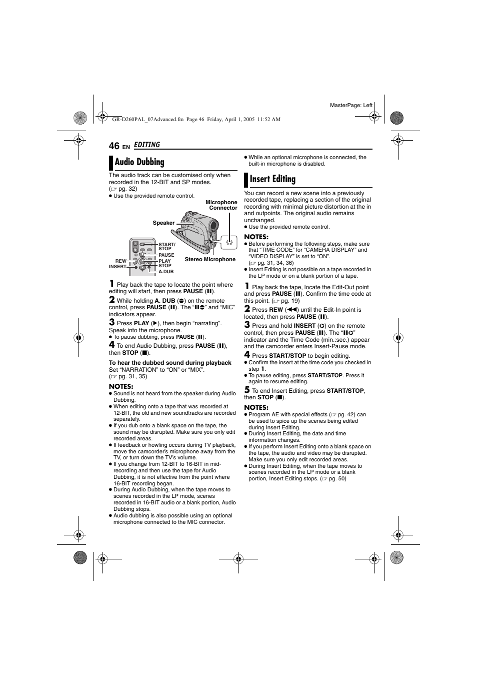 Audio dubbing, Insert editing, 46 insert editing | Pg. 46), Pg. 46) and i, Pg. 46) a | JVC GR-D260 User Manual | Page 46 / 56