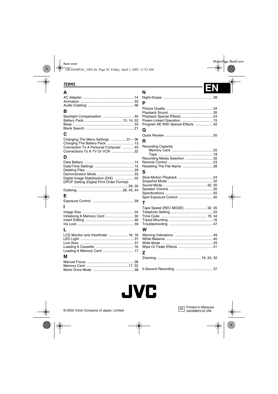 Terms, Back cover | JVC GR-D260 User Manual | Page 56 / 56