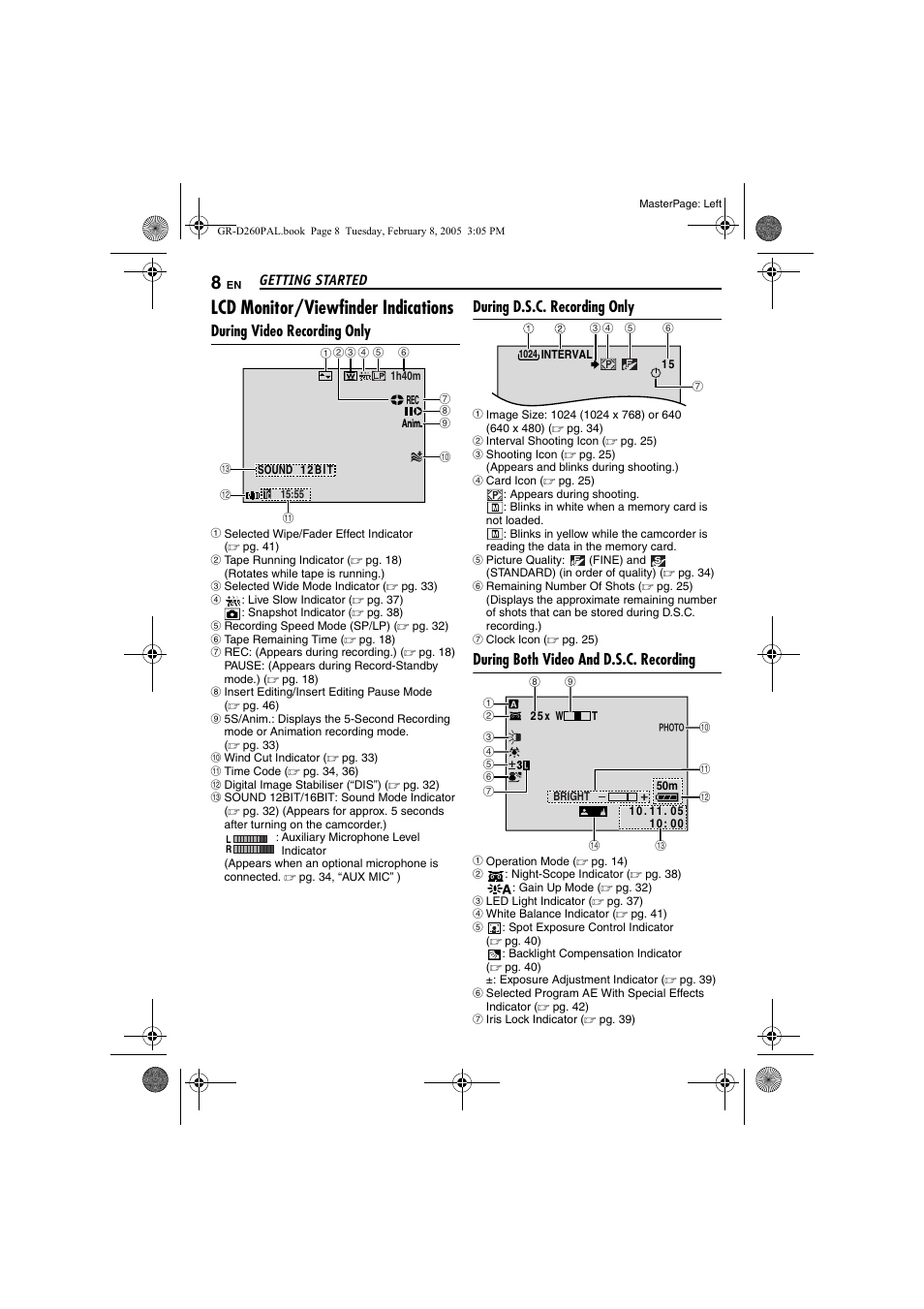Lcd monitor/viewfinder indications, During video recording only, During d.s.c. recording only | During both video and d.s.c. recording | JVC GR-D260 User Manual | Page 8 / 56