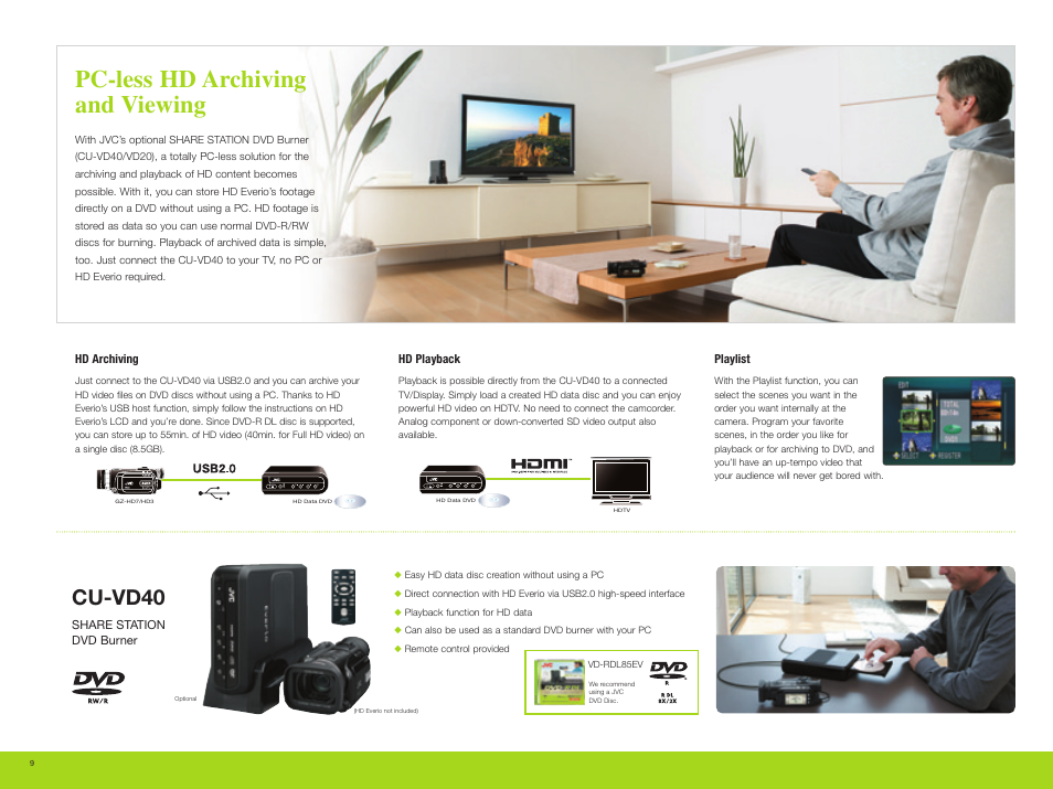 Pc-less hd archiving and viewing, Cu-vd40 | JVC Everio GZ-HD3 User Manual | Page 10 / 12