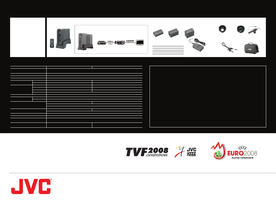 Windows, Macintosh, Available at | Provided accessories optional accessories, Cu-vd40, Specifications, Cu-vd20 software system requirements | JVC Everio GZ-HD3 User Manual | Page 12 / 12