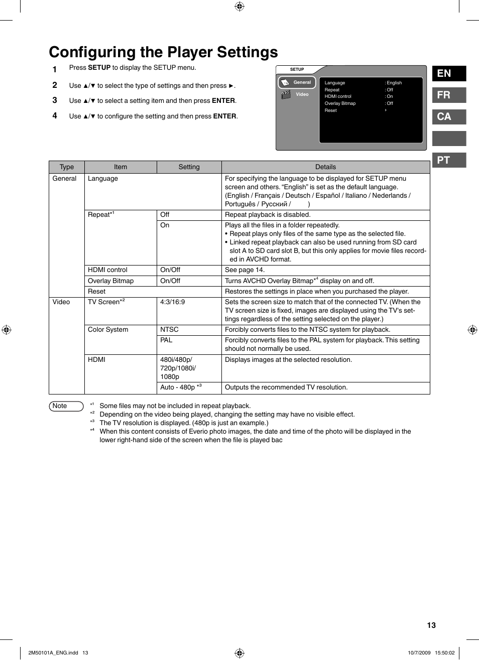 Confi guring the player settings, En fr ca pt | JVC CU-VS100U User Manual | Page 13 / 100