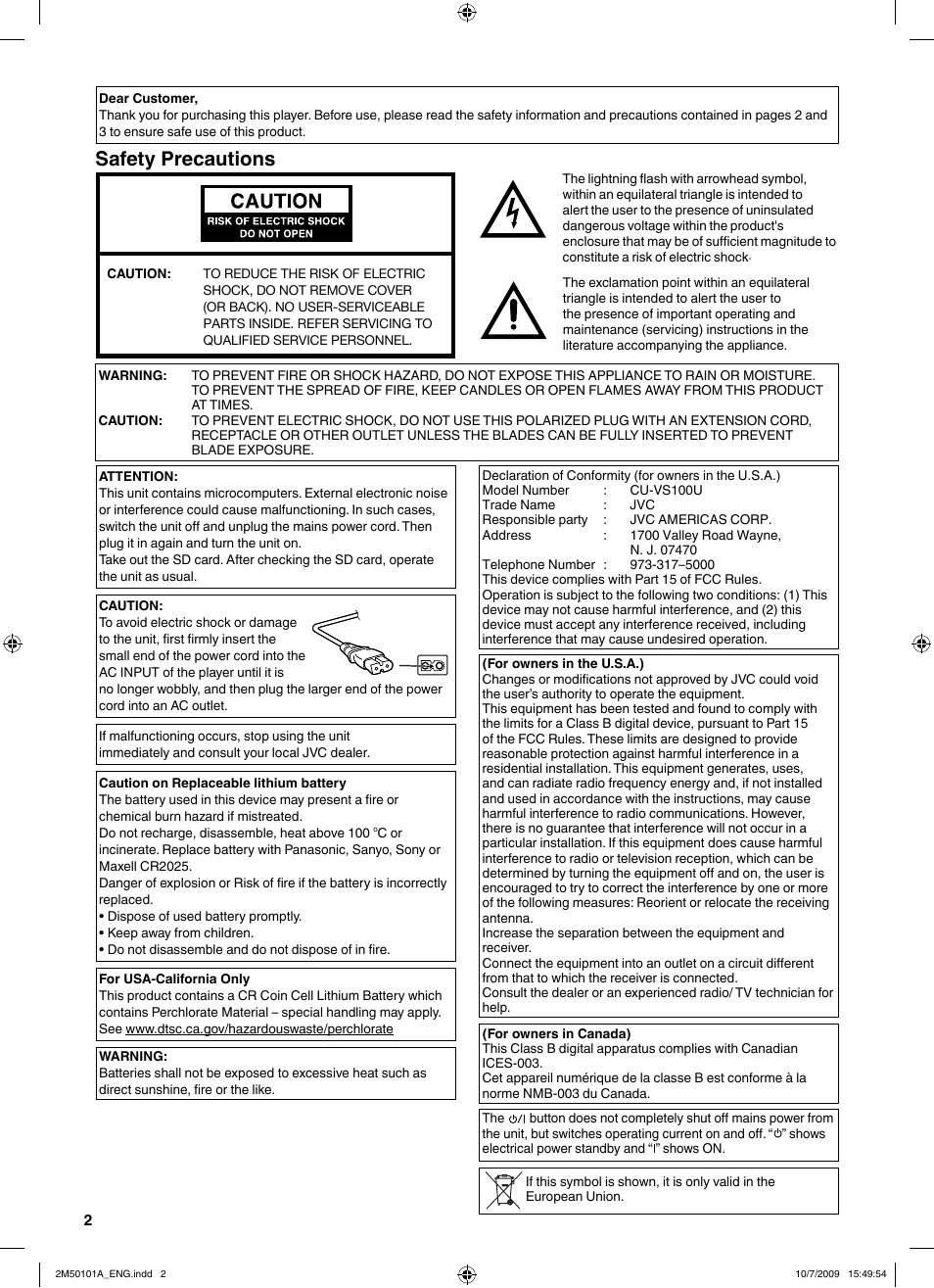 Safety precautions | JVC CU-VS100U User Manual | Page 2 / 100