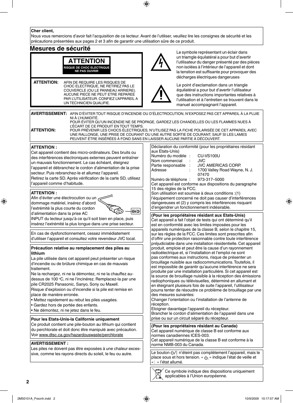 Mesures de sécurité, Attention mesures de sécurité | JVC CU-VS100U User Manual | Page 22 / 100