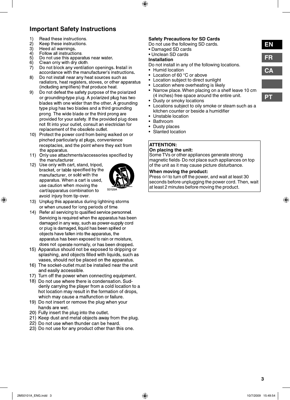 Important safety instructions, En fr ca pt | JVC CU-VS100U User Manual | Page 3 / 100