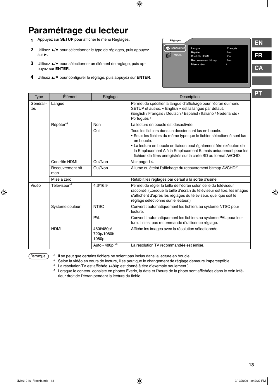 Paramétrage du lecteur, En fr ca pt | JVC CU-VS100U User Manual | Page 33 / 100