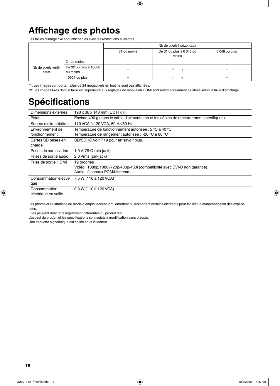 Affi chage des photos, Spécifi cations, Aﬃ chage des photos | JVC CU-VS100U User Manual | Page 38 / 100