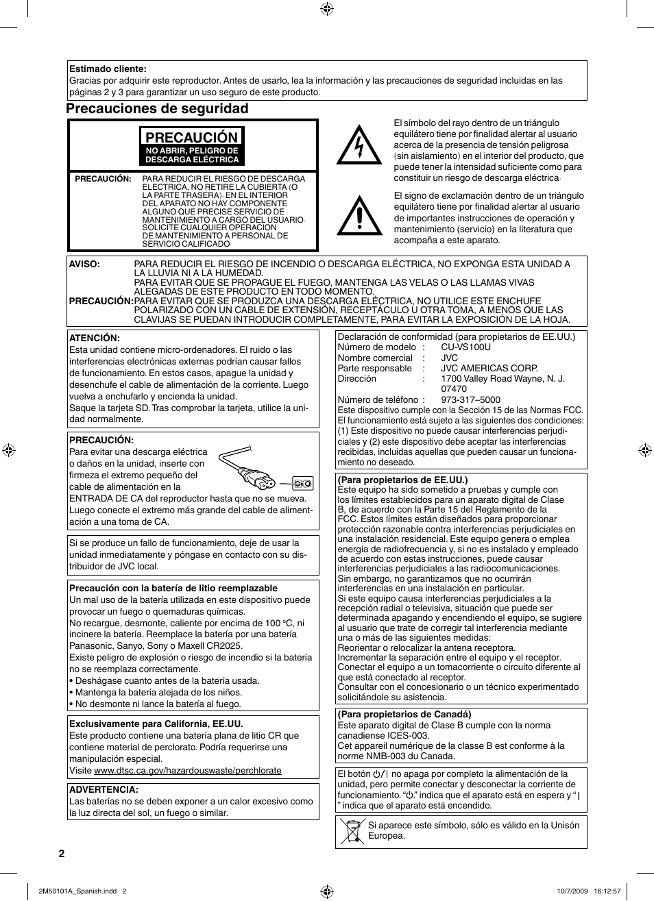 Precauciones de seguridad, Precaución | JVC CU-VS100U User Manual | Page 42 / 100