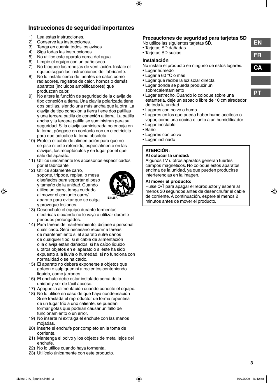 Instrucciones de seguridad importantes, En fr ca pt | JVC CU-VS100U User Manual | Page 43 / 100