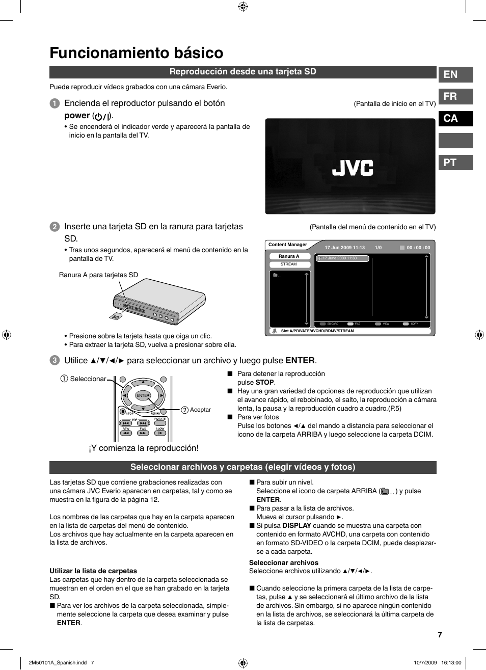 Funcionamiento básico, En fr ca pt | JVC CU-VS100U User Manual | Page 47 / 100