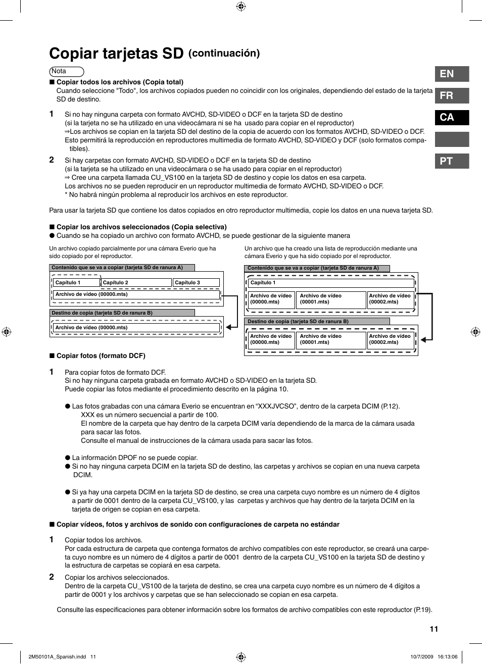 Copiar tarjetas sd, En fr ca pt, Continuación) | JVC CU-VS100U User Manual | Page 51 / 100