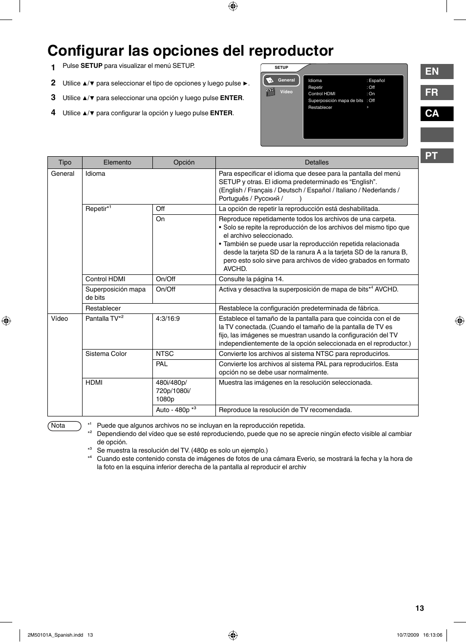 Confi gurar las opciones del reproductor, En fr ca pt | JVC CU-VS100U User Manual | Page 53 / 100