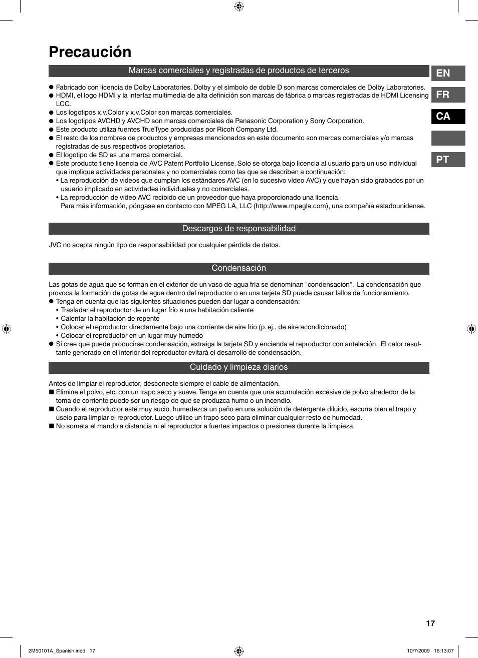 Precaución, En fr ca pt | JVC CU-VS100U User Manual | Page 57 / 100