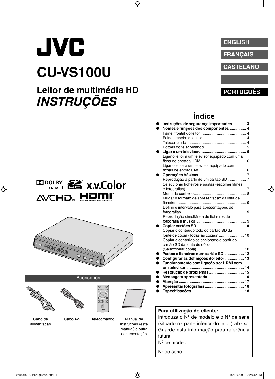 Português, Índice, Cu-vs100u | Instruções, Leitor de multimédia hd, English français castelano português | JVC CU-VS100U User Manual | Page 81 / 100