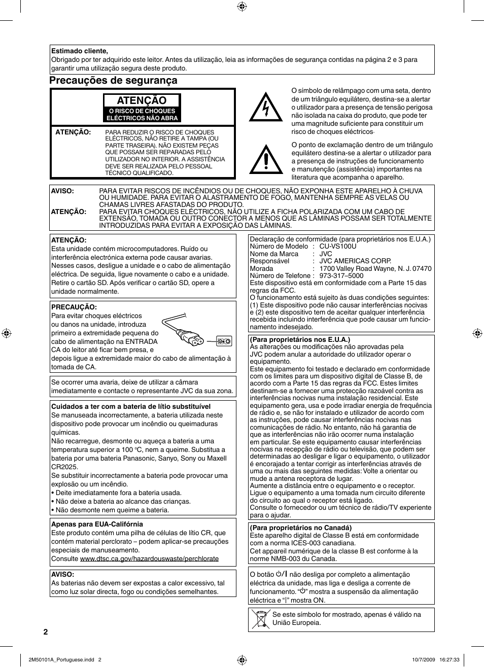 Precauções de segurança, Atenção | JVC CU-VS100U User Manual | Page 82 / 100