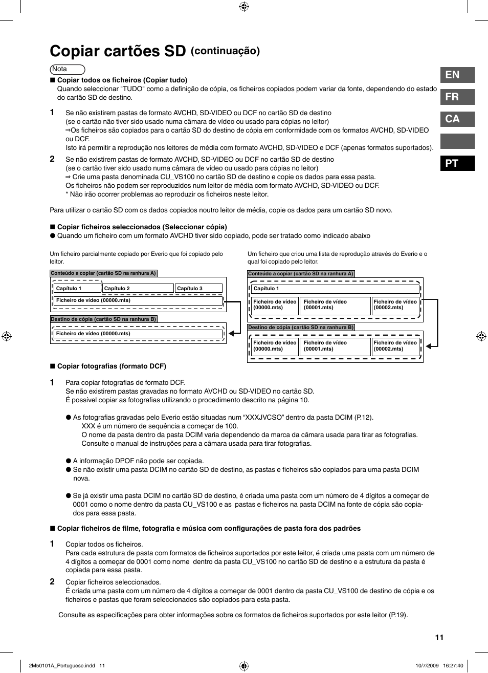 Copiar cartões sd, En fr ca pt, Continuação) | JVC CU-VS100U User Manual | Page 91 / 100