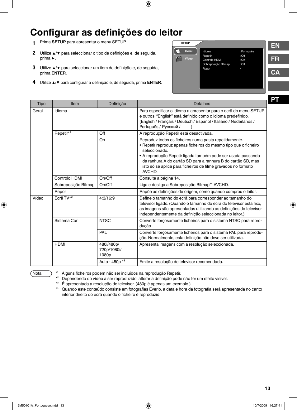 Confi gurar as defi nições do leitor, En fr ca pt | JVC CU-VS100U User Manual | Page 93 / 100