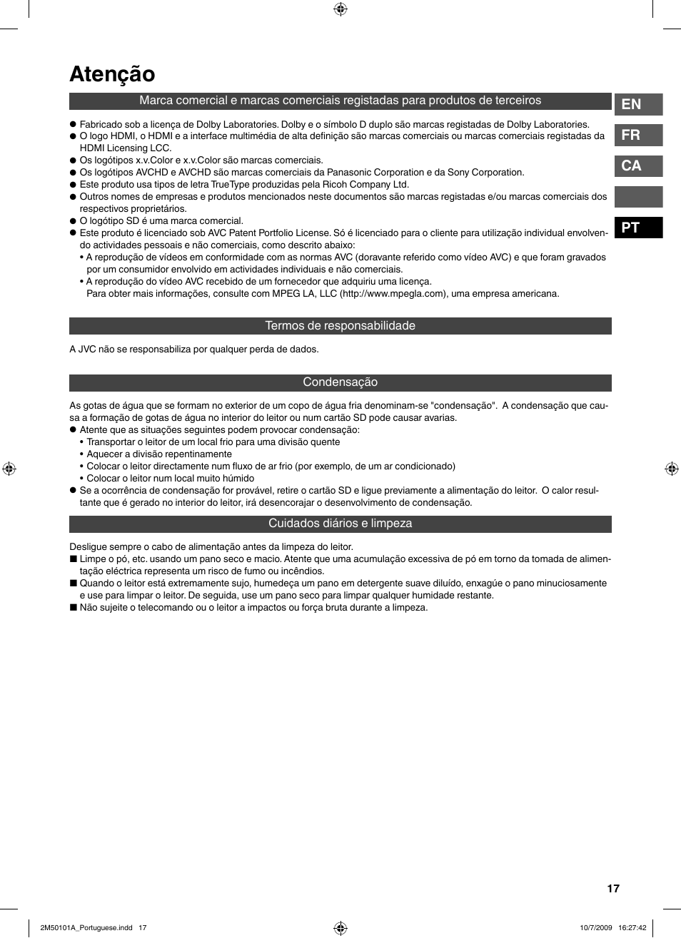 Atenção, En fr ca pt | JVC CU-VS100U User Manual | Page 97 / 100