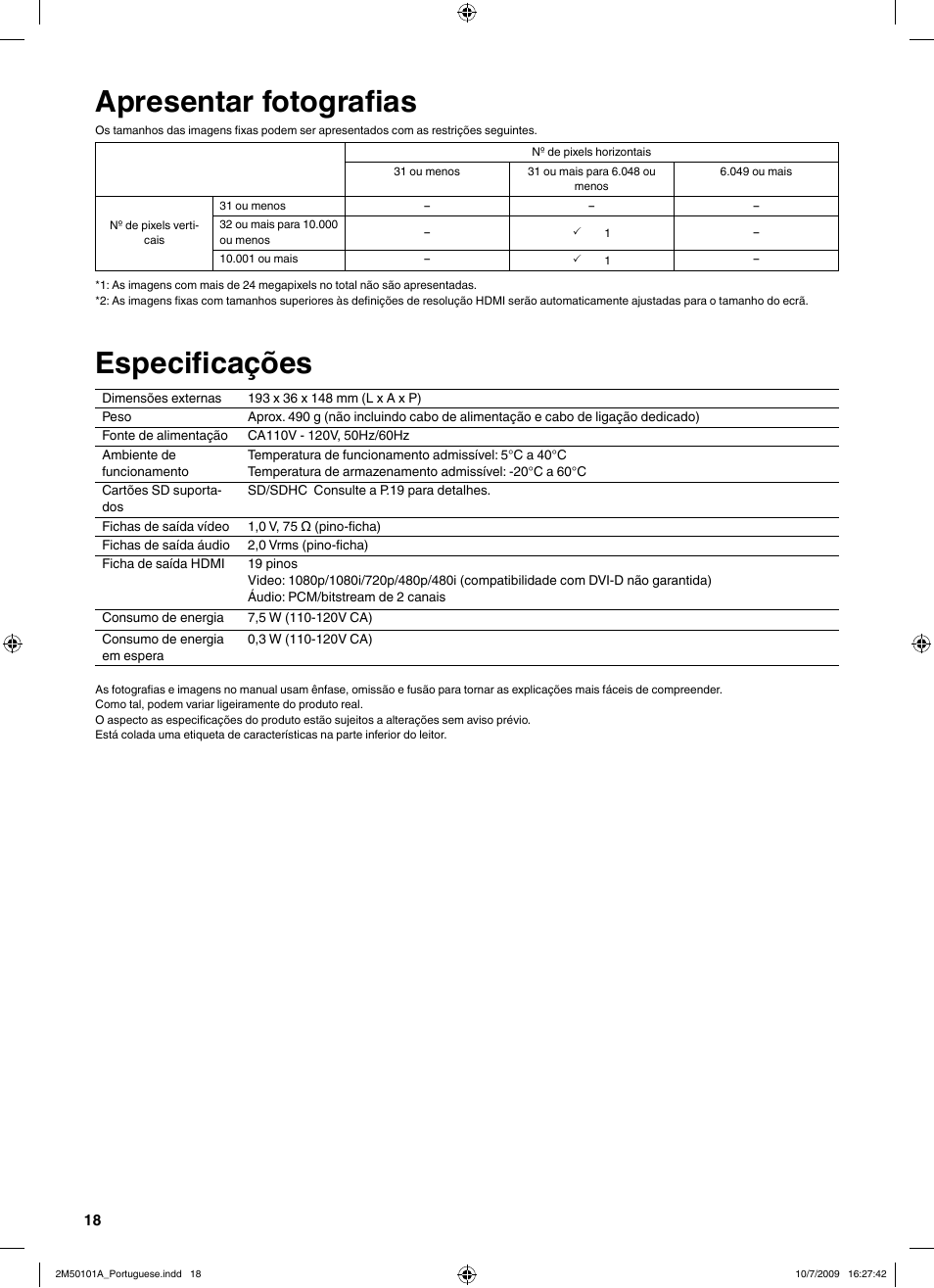 Apresentar fotografi as, Especifi cações | JVC CU-VS100U User Manual | Page 98 / 100