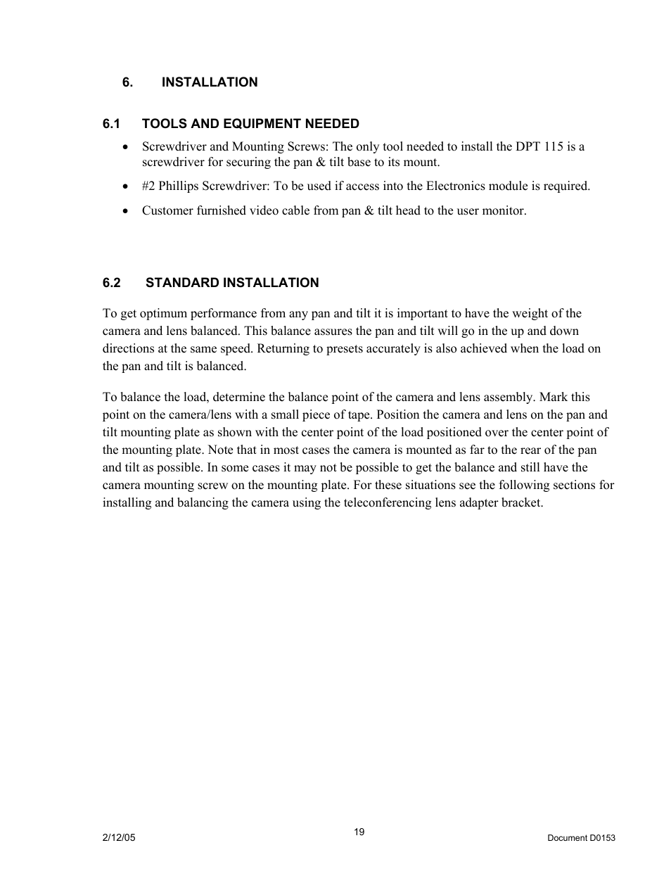 Installation, 1 tools and equipment needed, 2 standard installation | Ools and, Quipment, Eeded, Tandard, Nstallation | JVC DPT 115 User Manual | Page 19 / 37